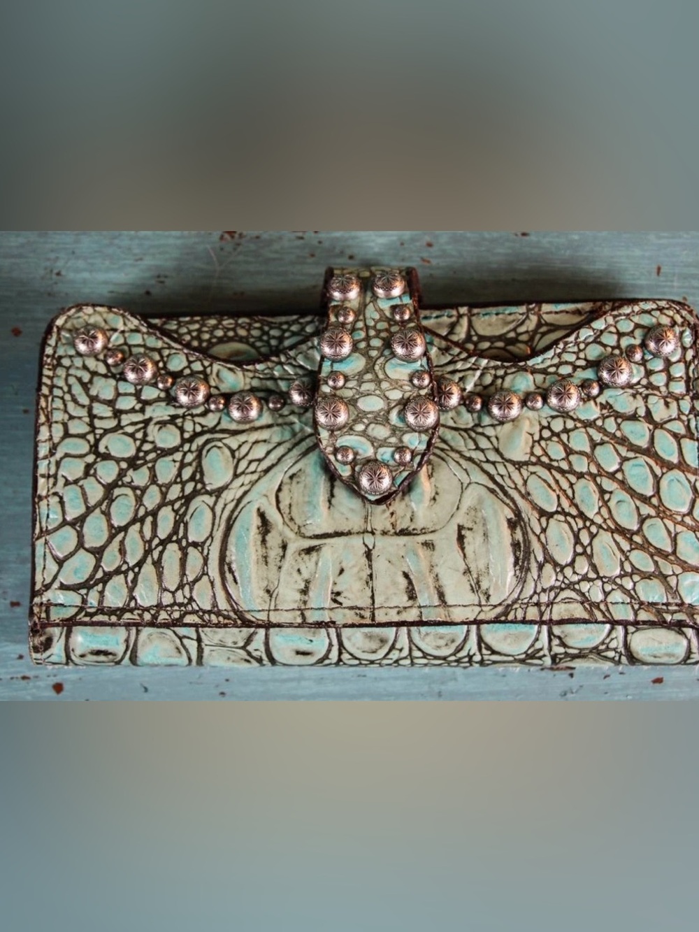 Vintage Double J Saddlery Hand Crafted Turquoise Crocodile Wallet Engraved Studs